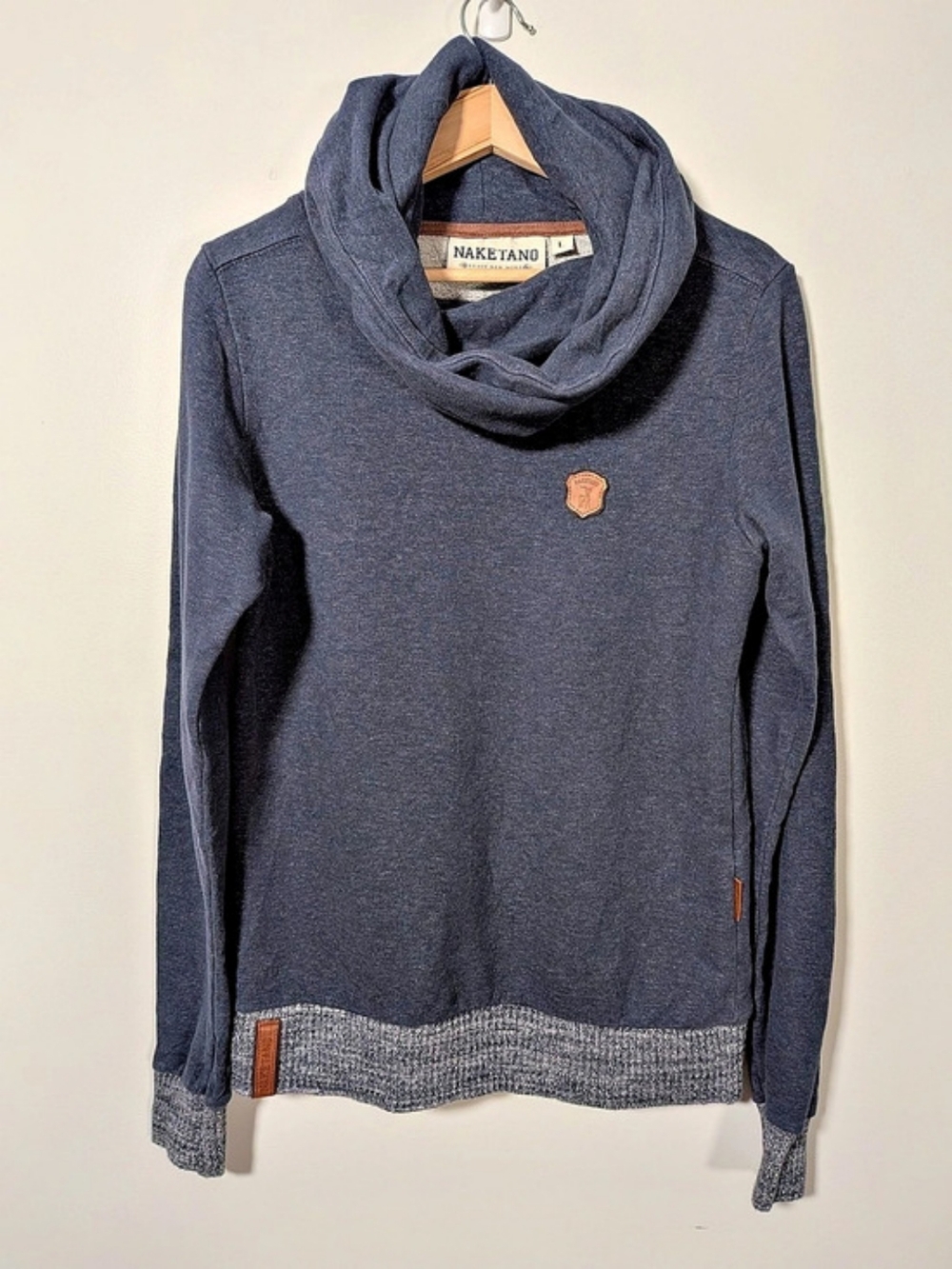 NAKETANO Brave New Word Cowl Neck Sweatshirt Slate Blue Marled Trim L